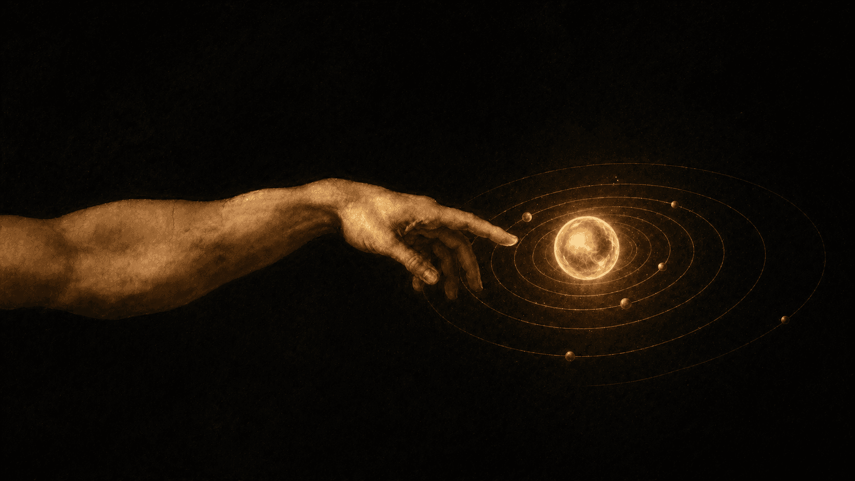 A hand reaching toward a glowing golden solar system
